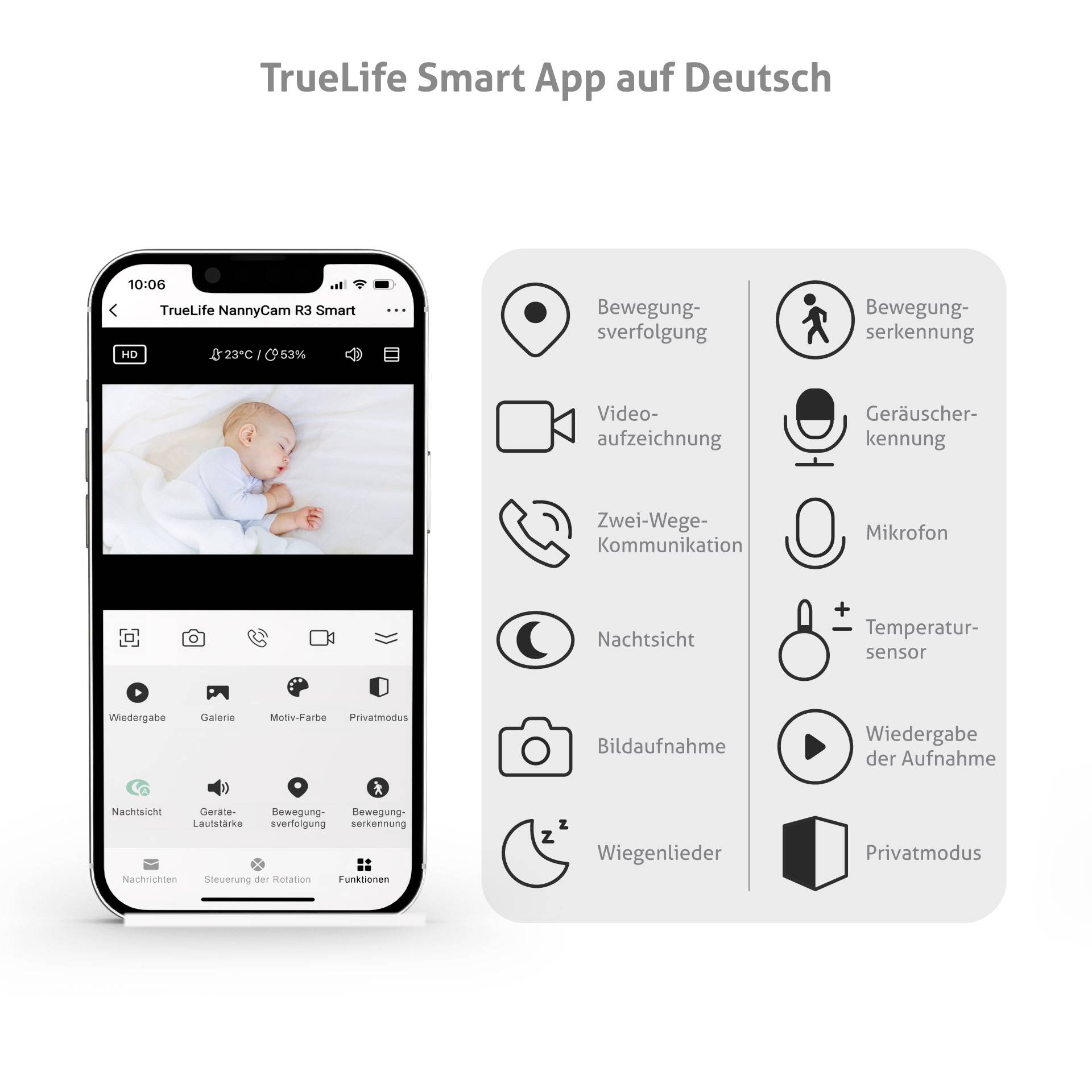 Ein Smartphone zeigt die 'TrueLife Smart App' in deutscher Sprache mit Funktionen wie Bewegungserkennung, Gegensprechfunktion, Nachtsicht und mehr, begleitet von entsprechenden Symbolen.
