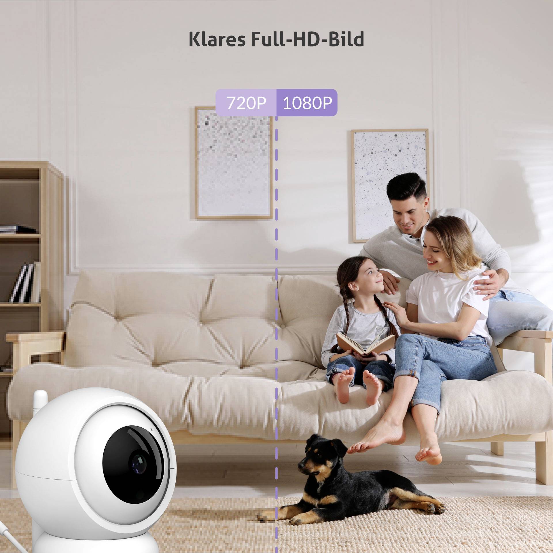 Eine Familie sitzt auf dem Sofa mit einem Hund davor. Eine Kamera zeigt 'Klares Full-HD-Bild' und vergleicht 720p mit 1080p.