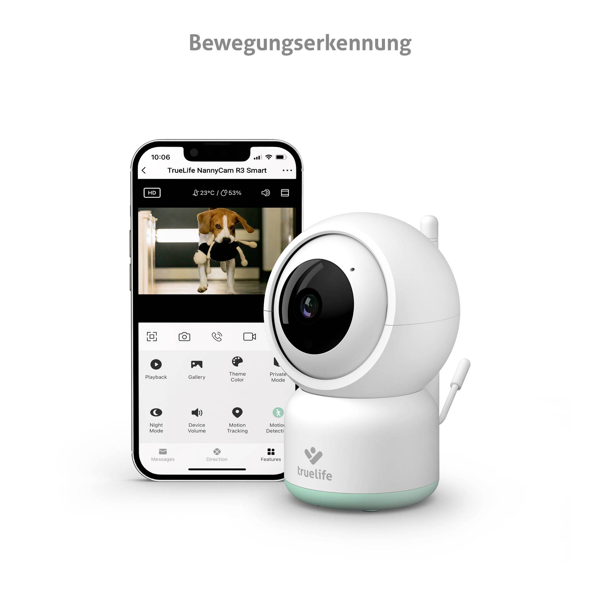 Eine Überwachungskamera mit Smartphone-App zur Bewegungsüberwachung. Das Display zeigt Videoübertragung eines Kindes im Raum.
