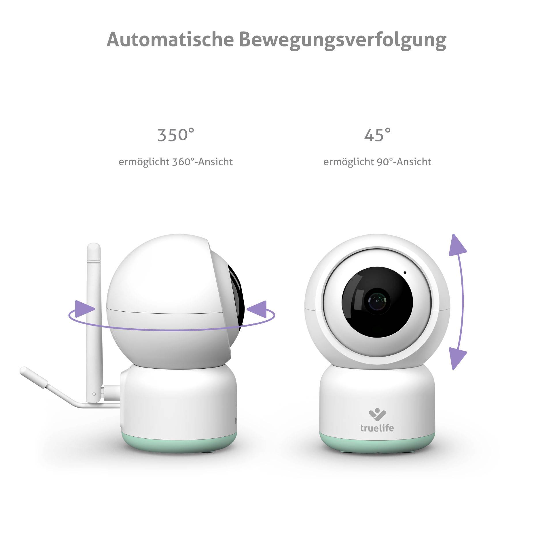 Automatische Bewegungsverfolgung: Zwei Kameras zeigen ihre Rotationswinkel. Eine Kamera rotiert 350° horizontal, die andere 45° vertikal.