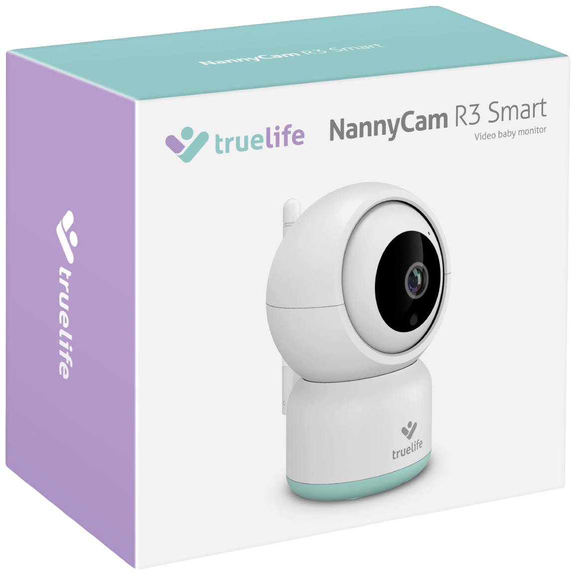 Verpackung der 'NannyCam R3 Smart' von trueLife. Zeigt eine Kamera für die Videoüberwachung von Babys. Enthält Markennamen und Produktdarstellung.