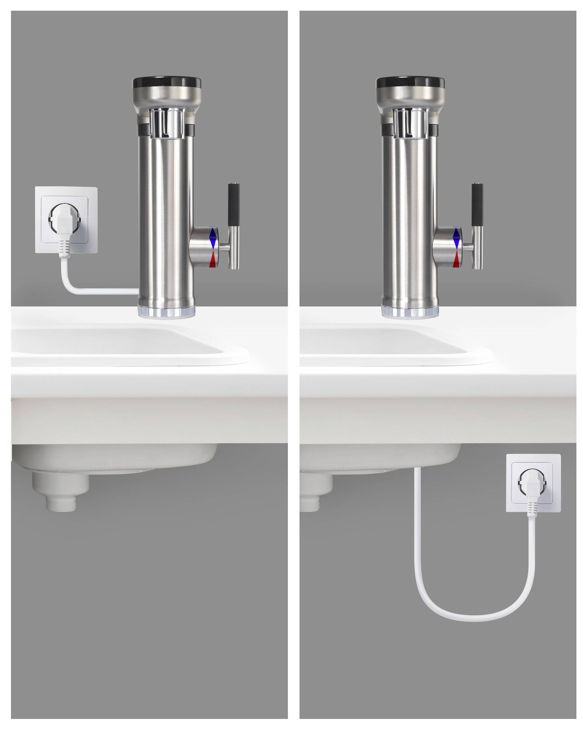 Elektronischer Wasserhahn: Links im Stecker, gezeigt aus zwei Perspektiven. Eine Ansicht zeigt die Steckdose oberhalb, die andere unterhalb des Waschtisches.
