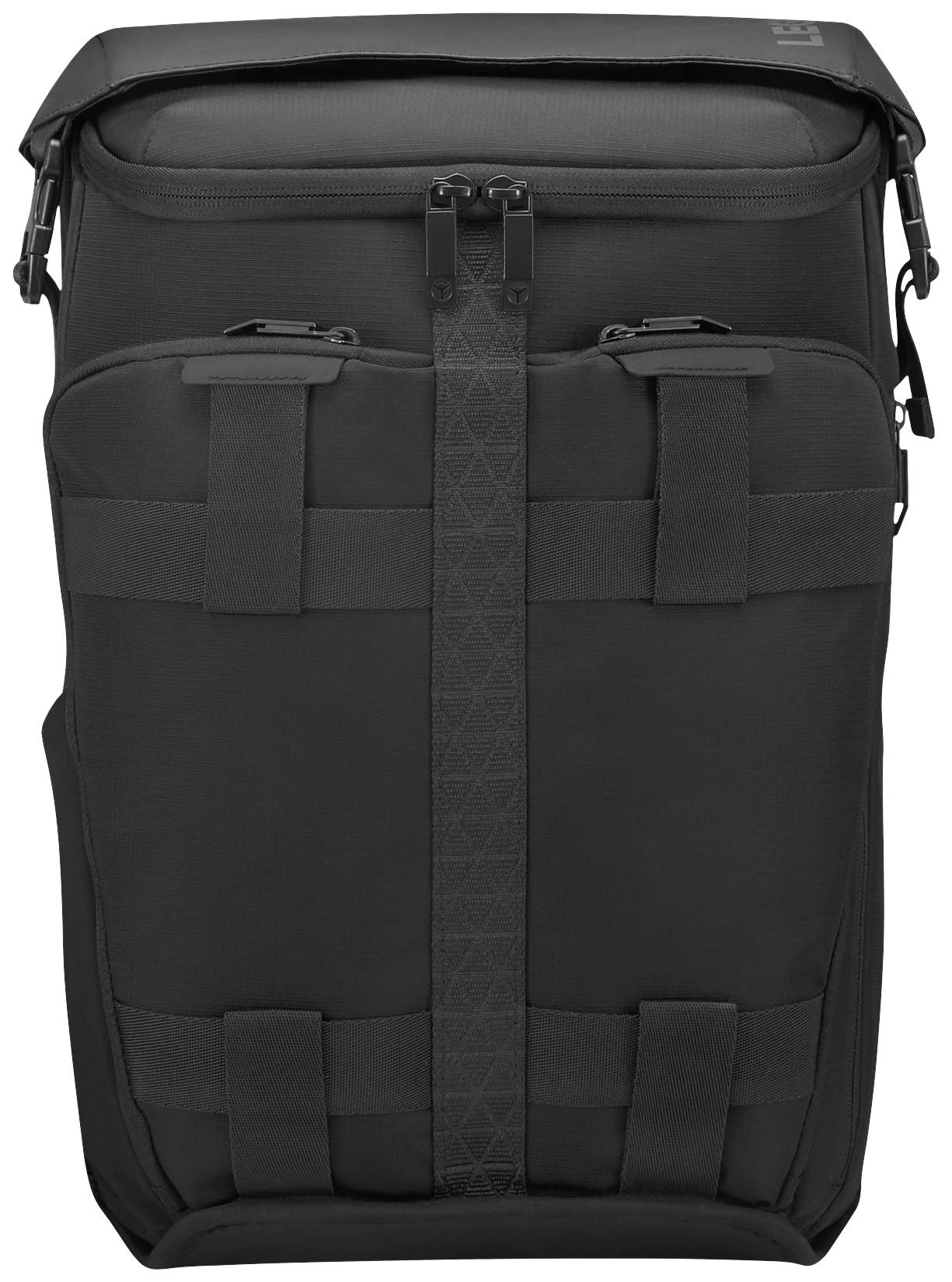 Schwarzer, rechteckiger Rucksack mit mehreren Verschlussschnallen und einem robusten Design, ideal für Reisen oder tägliche Nutzung.