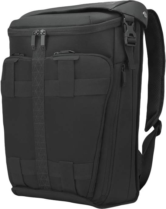 Schwarzer, moderner Rucksack mit mehreren Fächern und verstellbaren Trägern, geeignet für Reisen oder den täglichen Gebrauch.