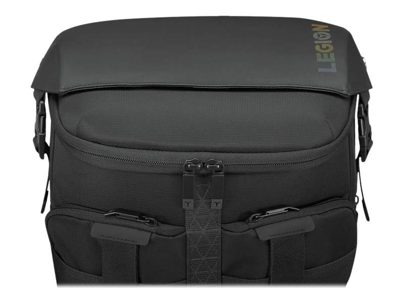 Eine schwarze Fototasche mit mehreren Reißverschlusstaschen und einem 'LEGION'-Logo auf der oberen Abdeckung.