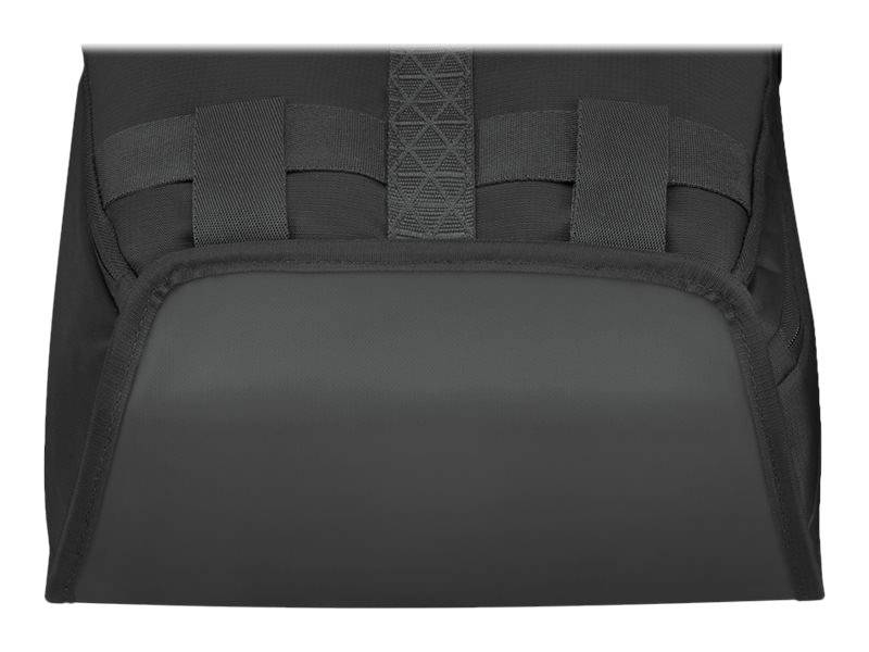 Eine schwarze, rechteckige Tasche mit mehreren horizontalen Riemen und einer verstärkten Klappe.