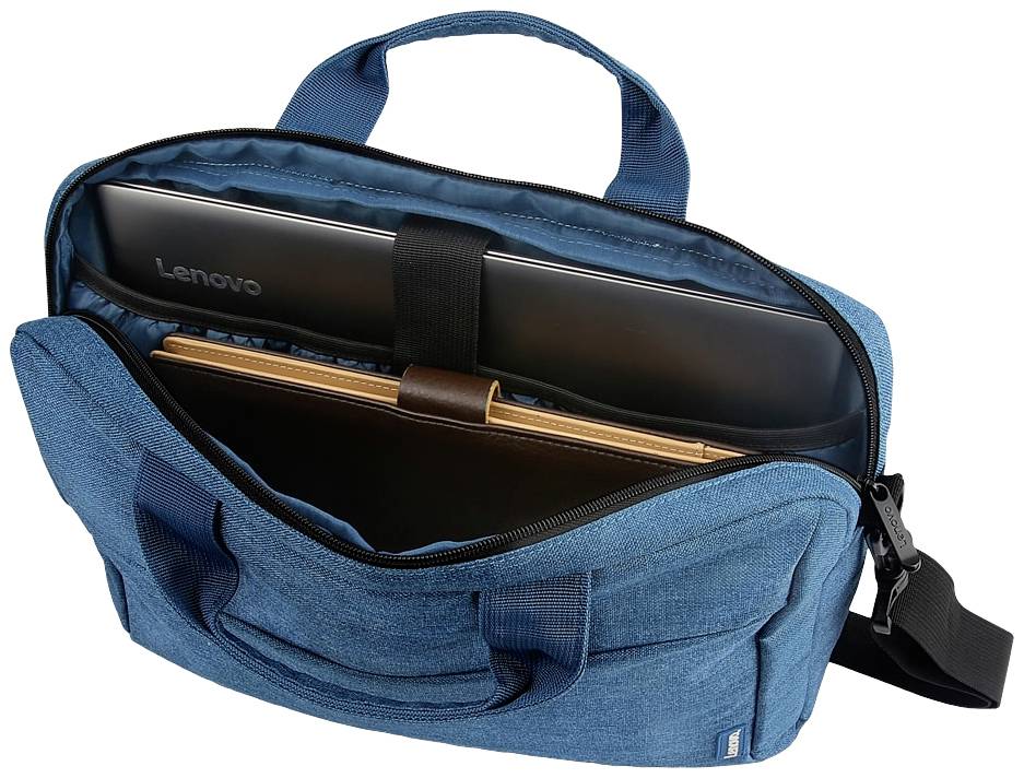 Blaue Laptoptasche mit geöffnetem Reißverschluss; ein Laptop und eine Mappe sind sichtbar.