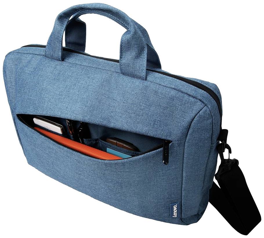 Blaue Laptop-Tasche mit kurzem Tragegriff und Schultergurt. Vordertasche mit Reißverschluss, gefüllt mit Stiften und einem Notizbuch.