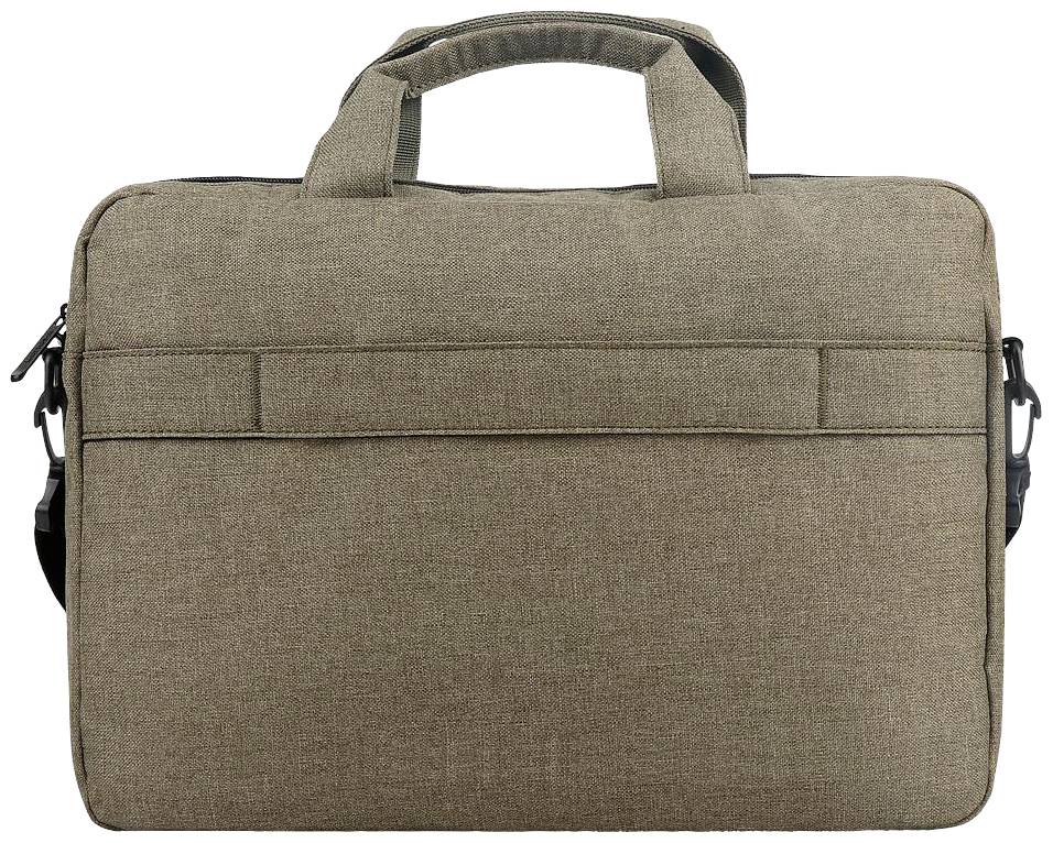 Eine braune Stoff-Laptoptasche mit zwei Griffen und einem Reißverschluss. Sie ist schlicht und funktional gestaltet.