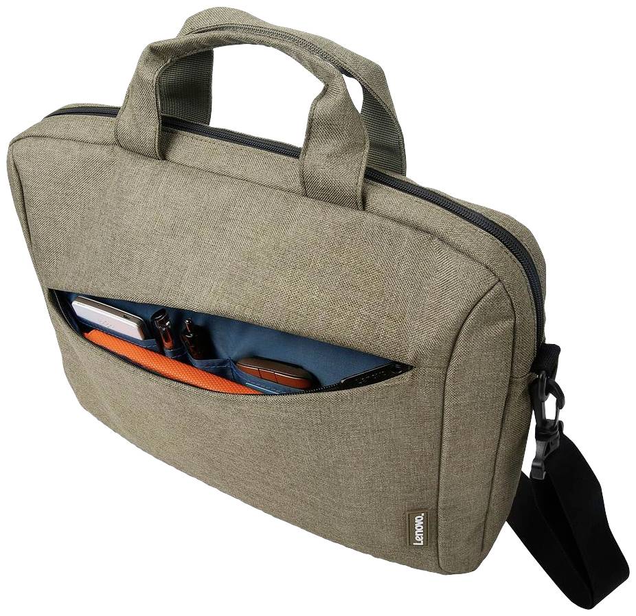 Eine beige Laptoptasche mit zwei Griffen und einem Schulterriemen. Die Tasche hat ein Reißverschlussfach mit Stiften und elektronischen Geräten.
