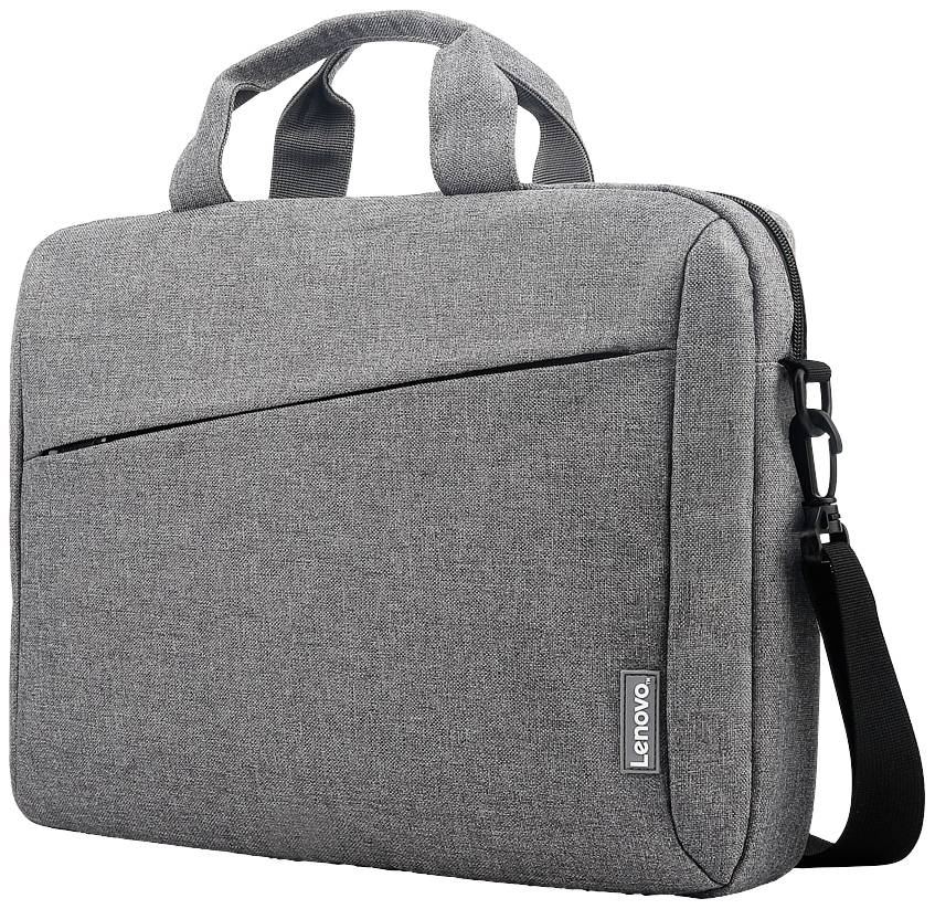 Graue Laptoptasche mit Tragegriff und Schulterriemen, markiert mit 'Lenovo'.