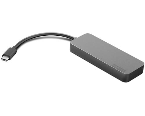 Ein grauer USB-C-Hub mit mehreren Anschlüssen, der die Konnektivität für Laptops oder Computer erweitert.