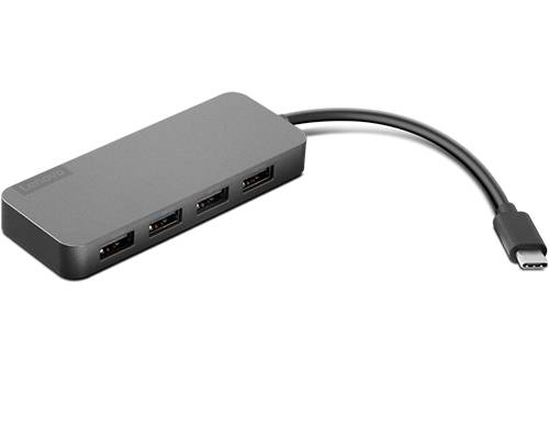 Ein grauer USB-Hub mit vier USB-Anschlüssen und einem Verbindungskabel.