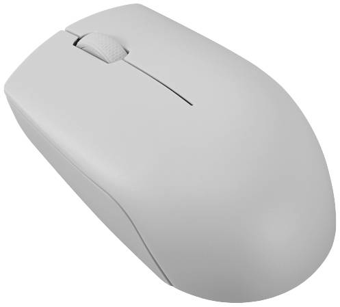 Eine graue kabellose Computermaus mit einem Scrollrad, leicht von der Seite betrachtet. Einfaches, modernes Design.