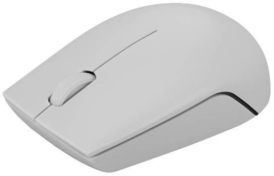 Weiße kabellose Computermaus mit Scrollrad und zwei Tasten, modern und schlicht gestaltet.