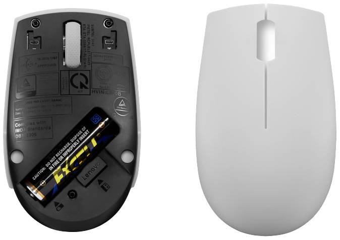 Zwei Mäuse: links eine geöffnete Batteriefachansicht mit eingesetzter Batterie, rechts eine geschlossene Mausansicht von oben.