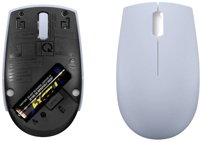 Kabellose, blaue Computermaus von vorne und hinten. Rückseite zeigt Batteriefach mit eingelegtem Akku.