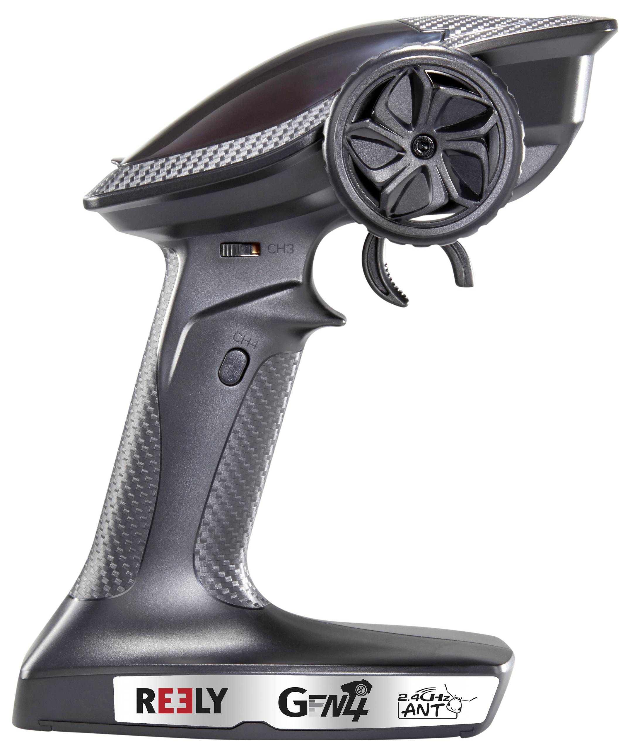 Fernbedienung für ferngesteuerte Fahrzeuge, ergonomisches Design, mit Steuerungsrad und Schalthebel.