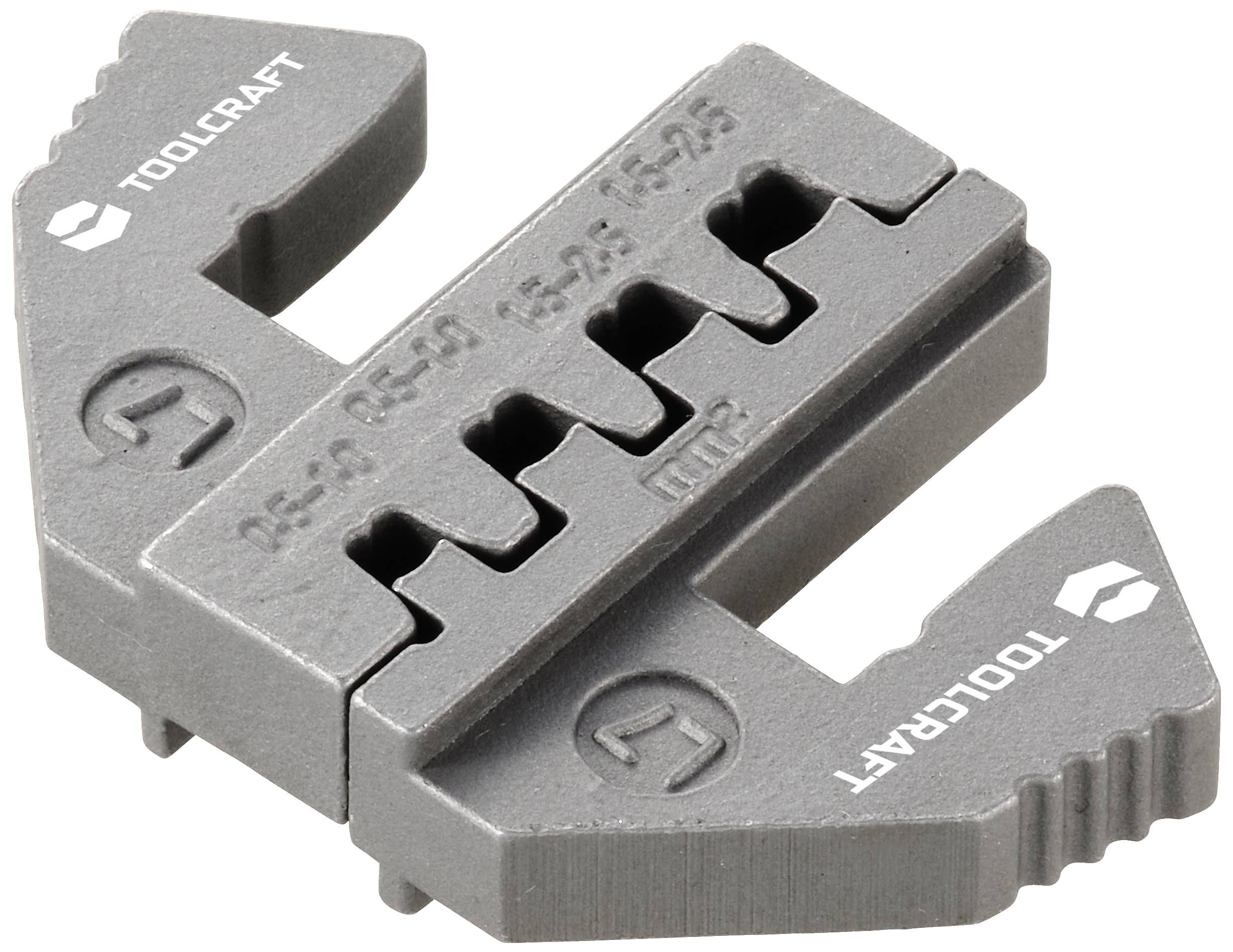 Metallisches Crimpwerkzeug mit gravierten Größenangaben, geeignet für verschiedene Kabeldurchmesser.
