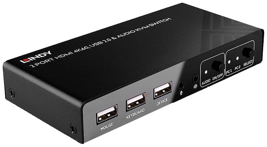 HDMI-Umschalter mit zwei Ports zeigt Anschlüsse für Maus, Tastatur und Geräte. Bietet Audio-Verwaltung und Auswahl-Schalter.