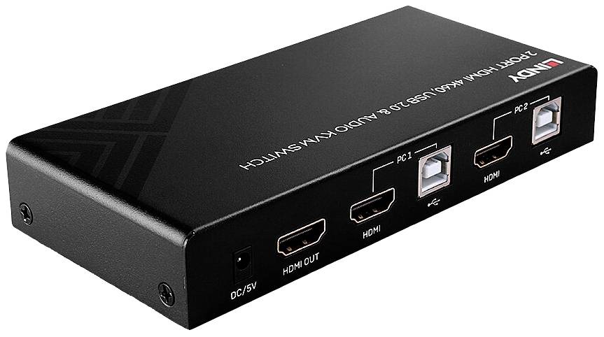 Ein schwarzer KVM-Switch von Lindy mit 2 HDMI-Anschlüssen und zwei USB-Ports, geeignet zur Verbindung von zwei PCs mit einem Monitor.