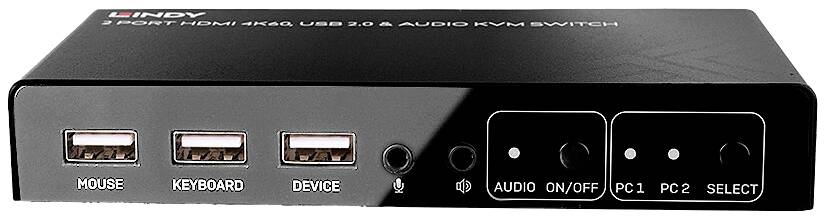 Ein KVM-Switch mit zwei HDMI-Eingängen und USB-Anschlüssen für Maus, Tastatur und weitere Geräte. Tasten für Audio und PC-Auswahl.