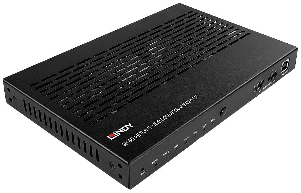 Schwarzer HDMI- und USB-Transceiver mit LINDY-Logo, Lüftungsschlitzen und Anschlüssen auf der Vorderseite.