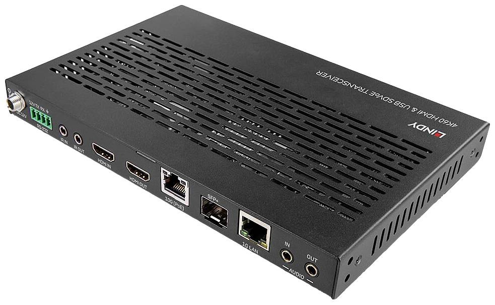 Flacher schwarzer AV-Transceiver mit mehreren Eingängen und Ausgängen, darunter HDMI, Ethernet und Audio-Anschlüsse.