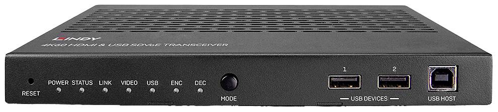 Schwarzer USB-Transceiver mit Anschlüssen an der Vorderseite, darunter zwei USB-Ports und zahlreiche Kontrollleuchten.