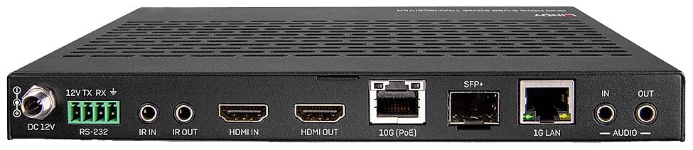 Rückansicht eines schwarzen elektronischen Geräts mit HDMI-, Audio-, LAN- und weiteren Anschlüssen, darunter Netzanschluss.