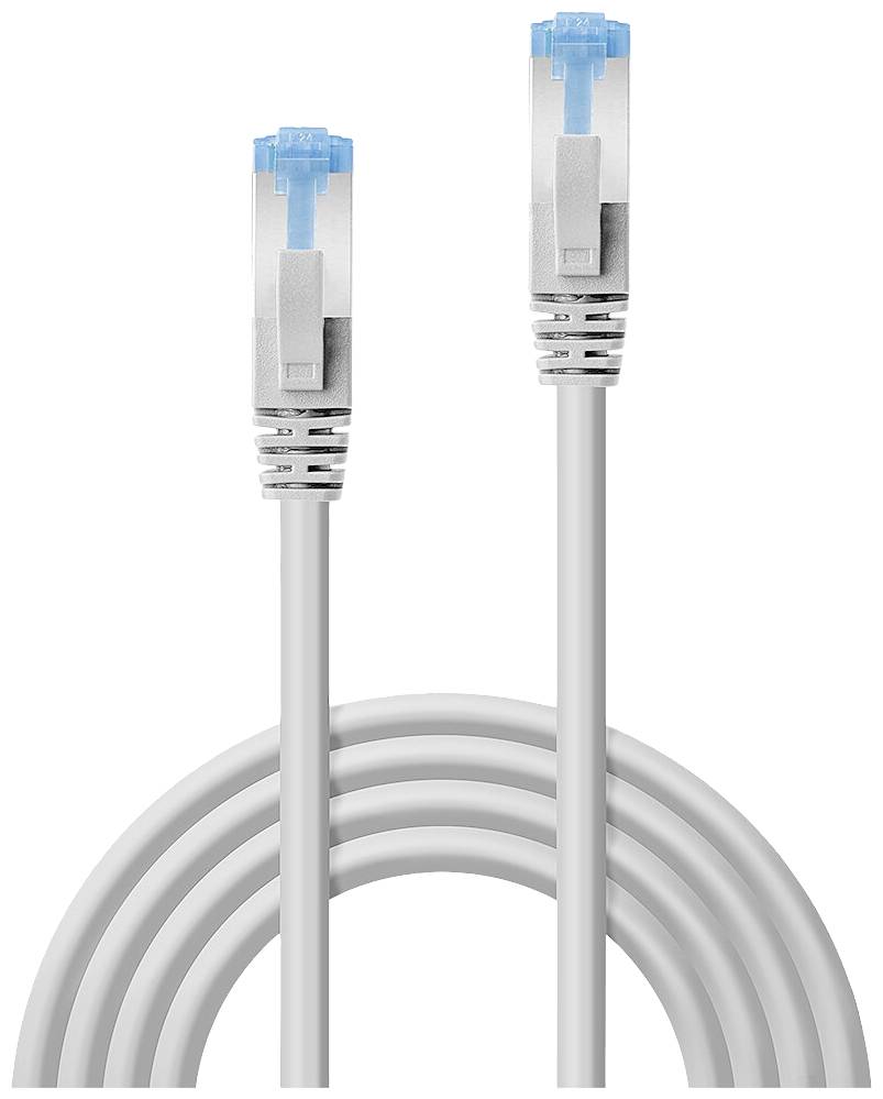 Ein graues Ethernet-Kabel mit blauen RJ45-Steckern an beiden Enden.