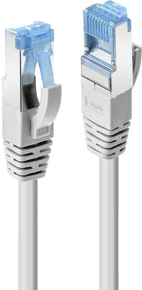 Zwei graue Ethernet-Kabel mit blauen Steckern auf weißem Hintergrund.