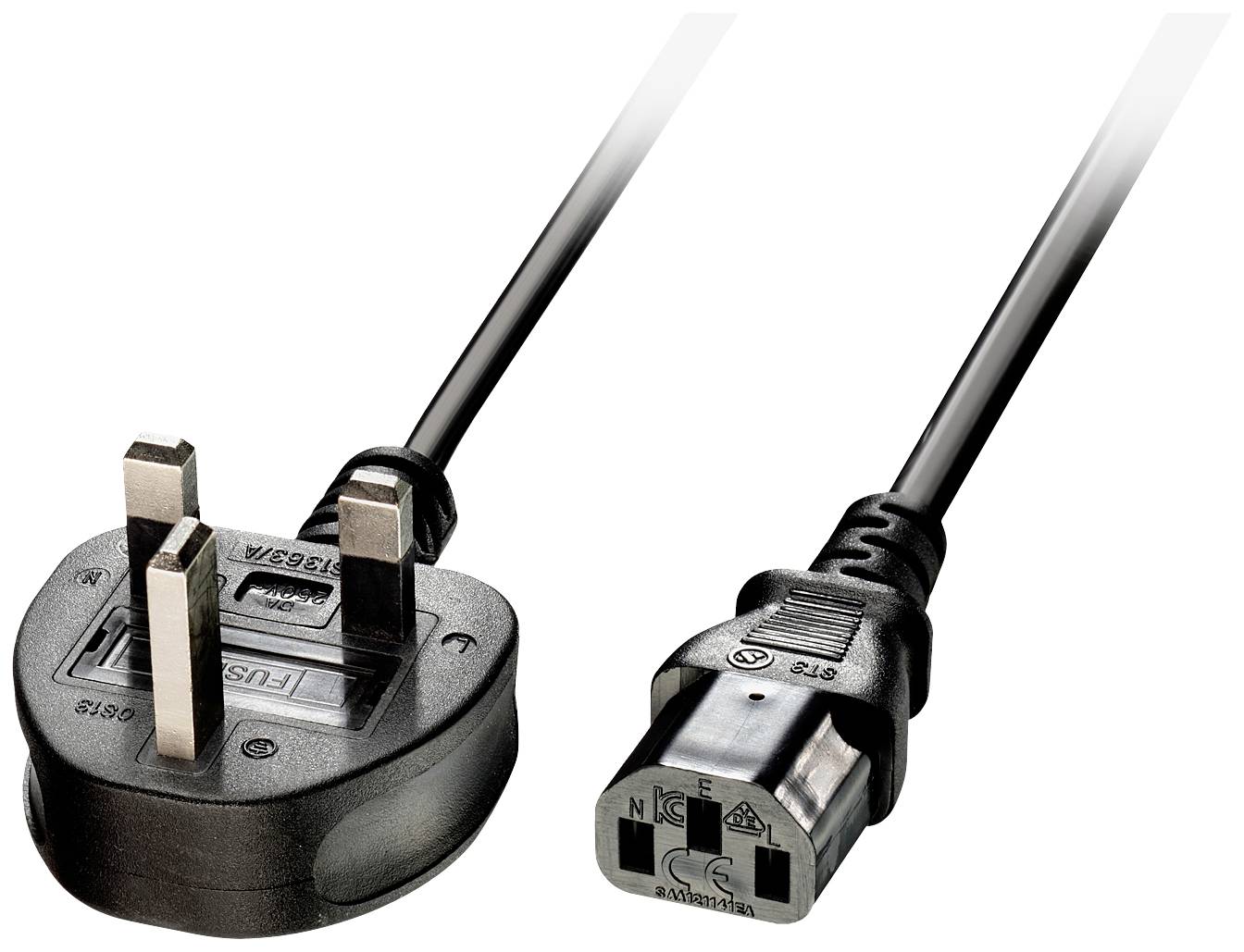 Ein britischer Dreipolstecker und ein IEC-Netzkabel.