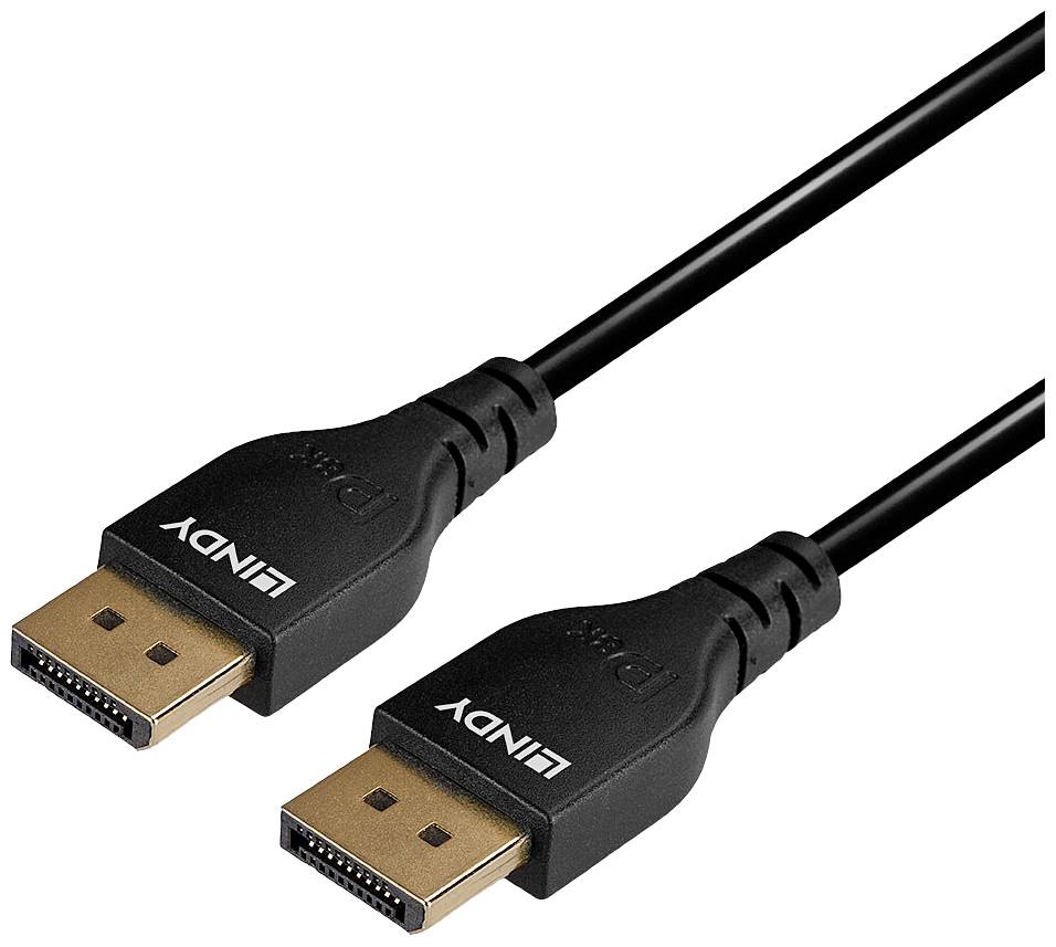 Zwei schwarze DisplayPort-Kabel mit 'LINDY'-Logo an jedem Stecker. Verwendet für die Übertragung von Video- und Audiosignalen.