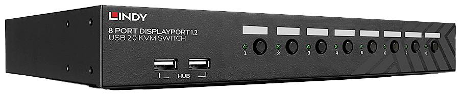 Ein 8-Port-DisplayPort-USB-KVM-Switch mit schwarzem Gehäuse, mehreren Nummerntasten und zwei USB-Anschlüssen an der Vorderseite.