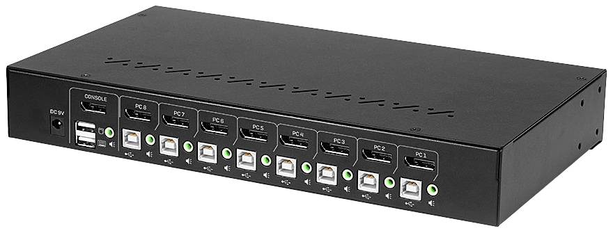 Schwarzer KVM-Switch mit mehreren USB- und VGA-Anschlüssen, zur Verwaltung mehrerer Computer von einem einzigen Bildschirm, Tastatur und Maus.