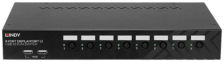 Schwarzer 8-Port-DisplayPort-KVM-Switch mit Bedienknöpfen und USB-Anschlüssen an der Vorderseite, geeignet zum Umschalten zwischen mehreren Computern.