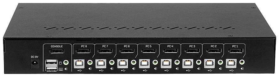 Schwarze KVM-Switch mit sieben HDMI- und USB-Anschlüssen auf der Vorderseite, jeweils mit entsprechender Beschriftung 'PC 1' bis 'PC 7'.