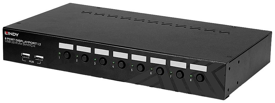 Ein schwarzer KVM-Switch mit acht Tasten für Eingänge, zwei USB-Ports auf der linken Seite, Modellname oben links.