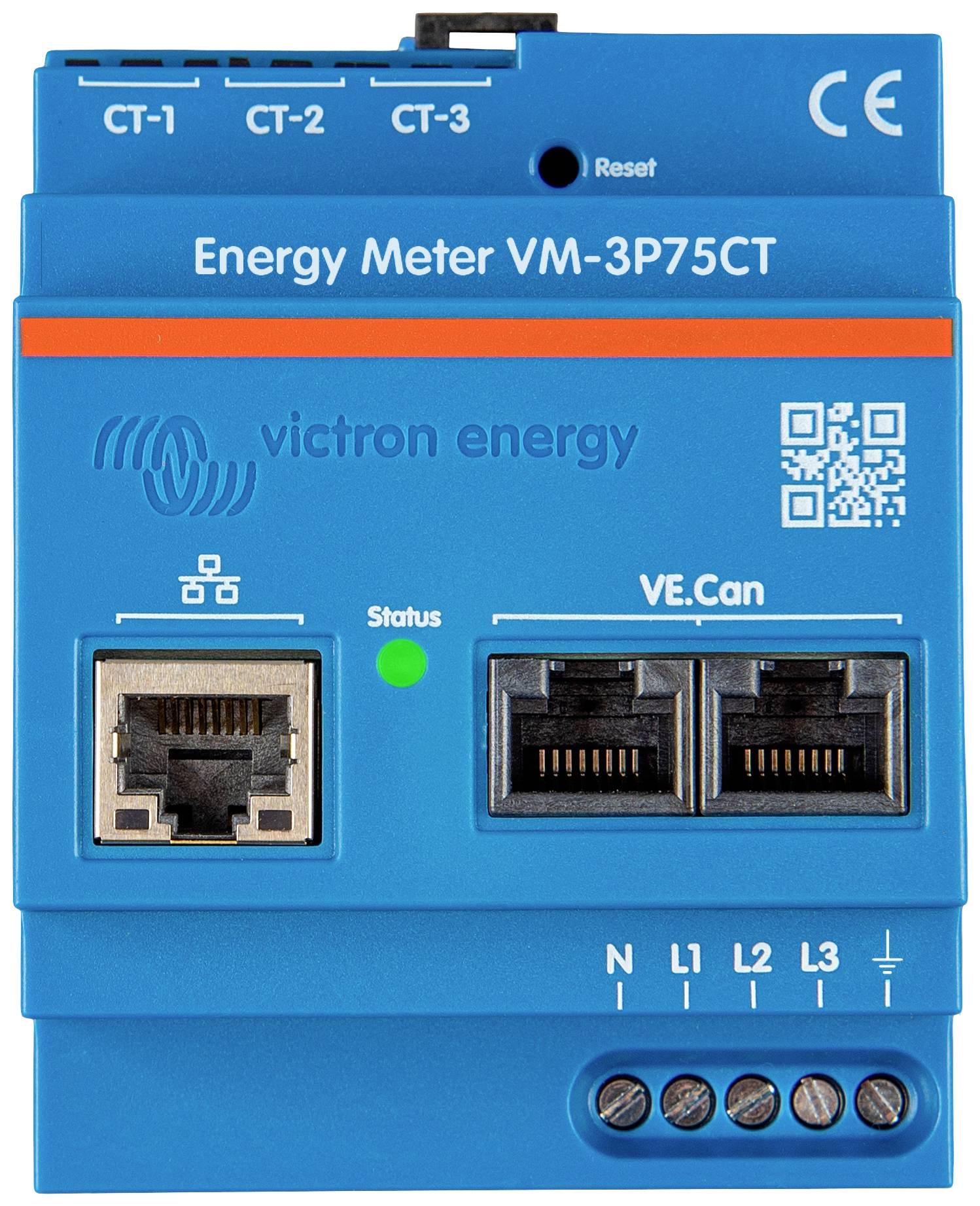 Blaues Energie-Messgerät mit zwei Ethernet-Anschlüssen und LED-Statusanzeige. Beschriftet mit 'Energy Meter VM-3P75CT'.