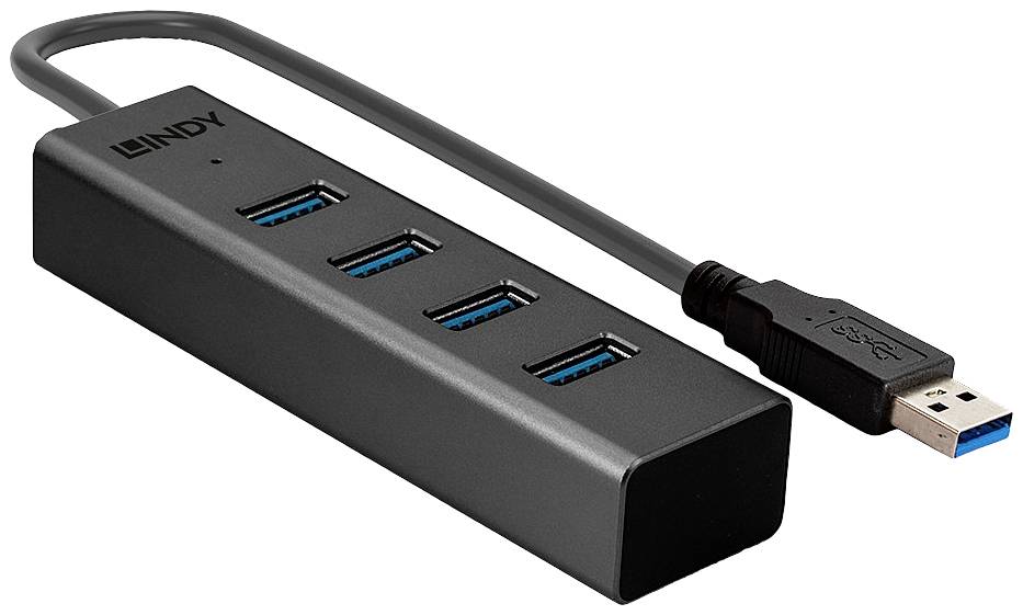 USB-Hub mit vier Ports und blau markierten Innenräumen der Anschlüsse. Anschlusskabel an der Seite angebracht.