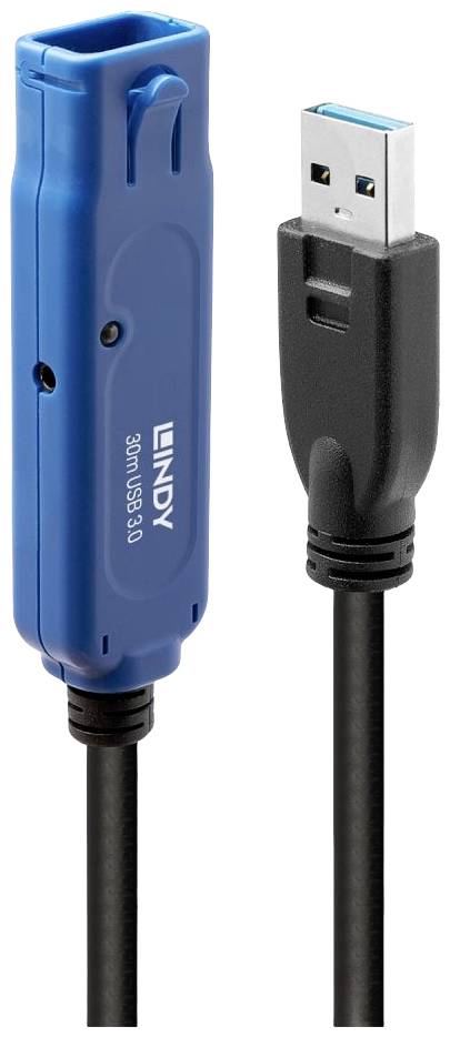 Ein blaues USB-Verlängerungskabel mit schwarzem Kabel und USB-Anschluss. Auf dem blauen Gehäuse steht der Herstellername.