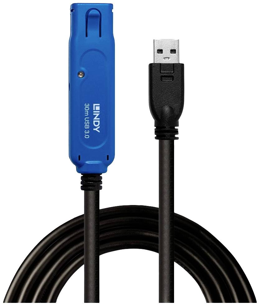 USB 3.0-Verlängerungskabel mit blauem Repeater-Gehäuse, kompatibel mit USB-Geräten, für Signalverstärkung über längere Distanzen.