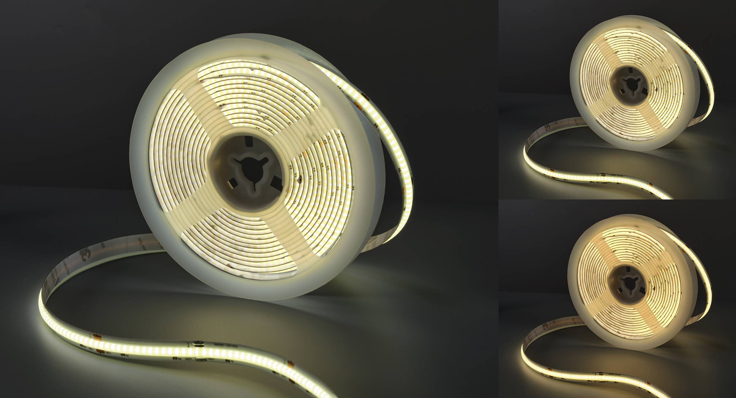 Eine Rolle mit leuchtendem LED-Lichtstreifen auf schwarzem Hintergrund, teilweise abgewickelt, erzeugt ein warmes, gelbes Licht.