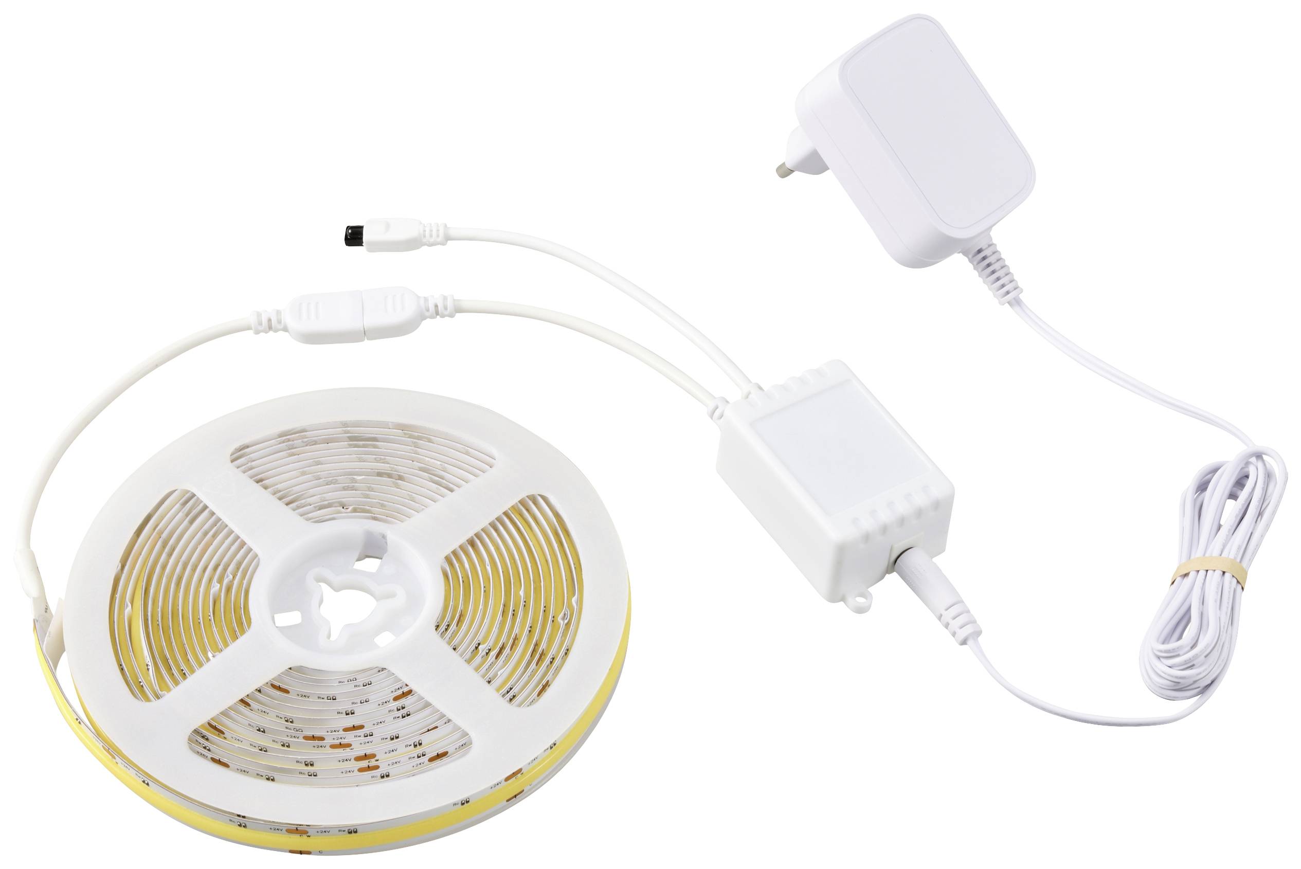 LED-Lichtstreifen auf Rolle, verbunden mit einem Netzteil. Geeignet für dekorative Beleuchtung in Innenräumen.