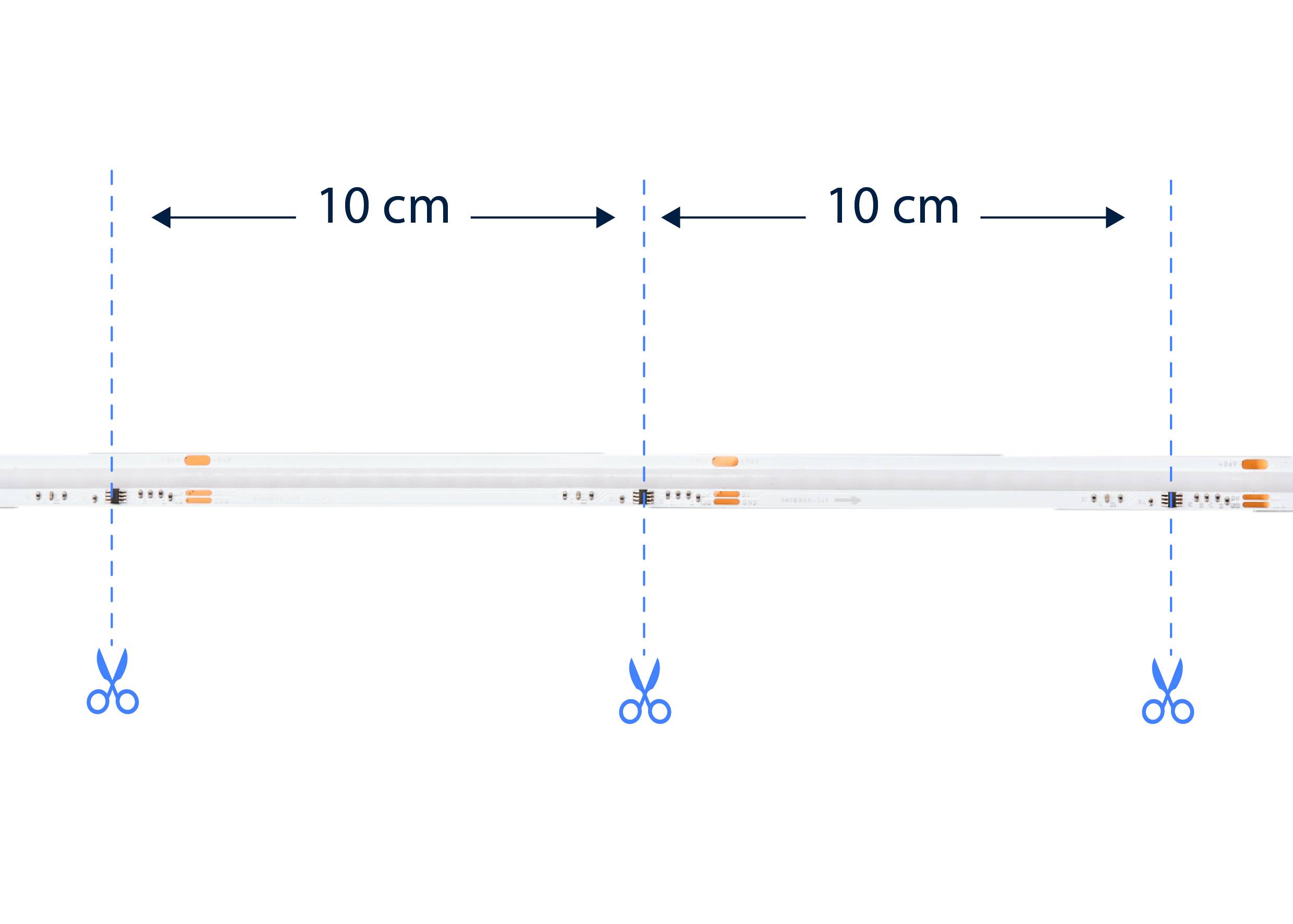 LED-Streifen mit Markierungen zeigt, dass er alle 10 cm geschnitten werden kann, um auf die gewünschte Länge angepasst zu werden.