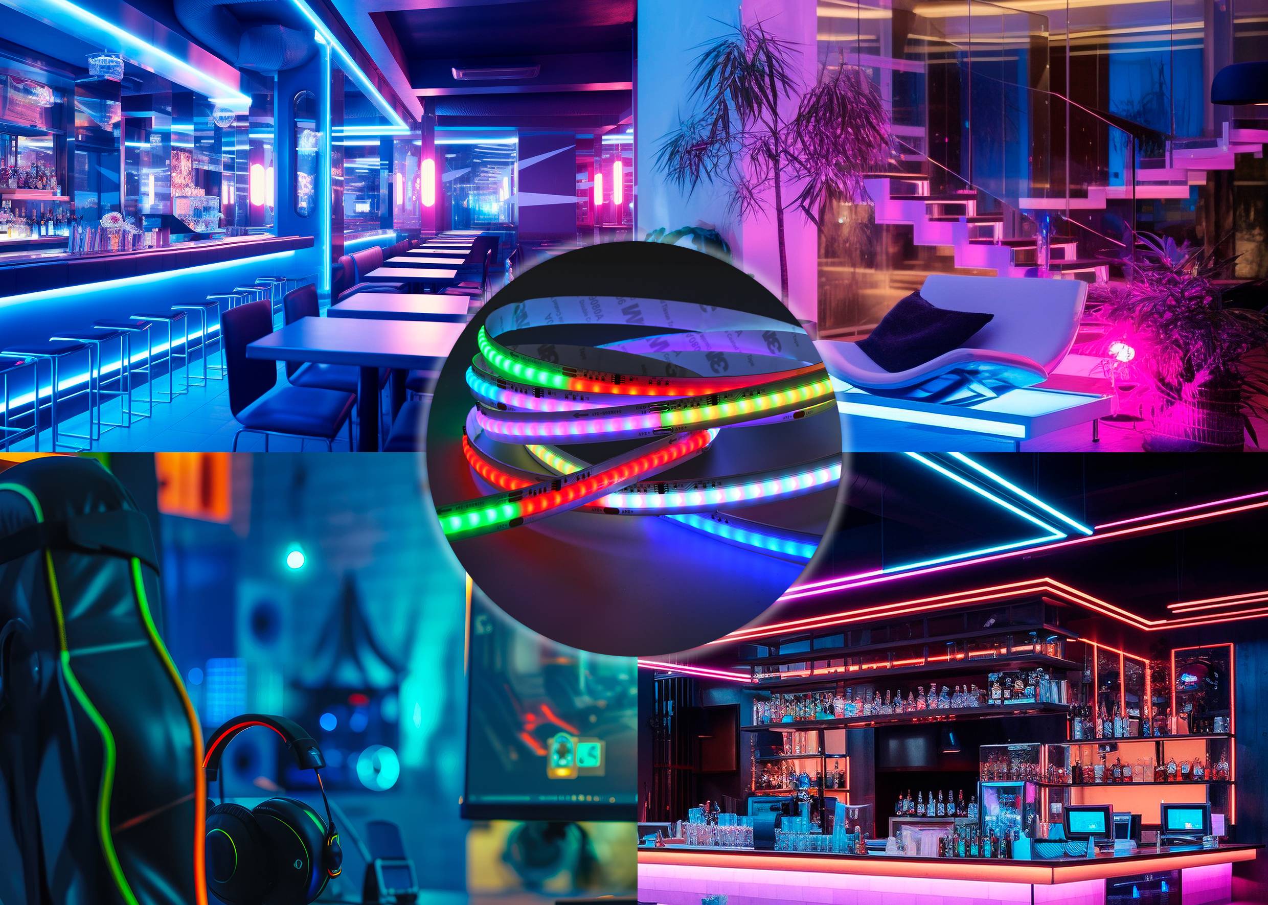 Ein bunt beleuchtetes Interieur mit Leuchtdioden-Streifen in verschiedenen Farben, die eine moderne und lebendige Atmosphäre schaffen.