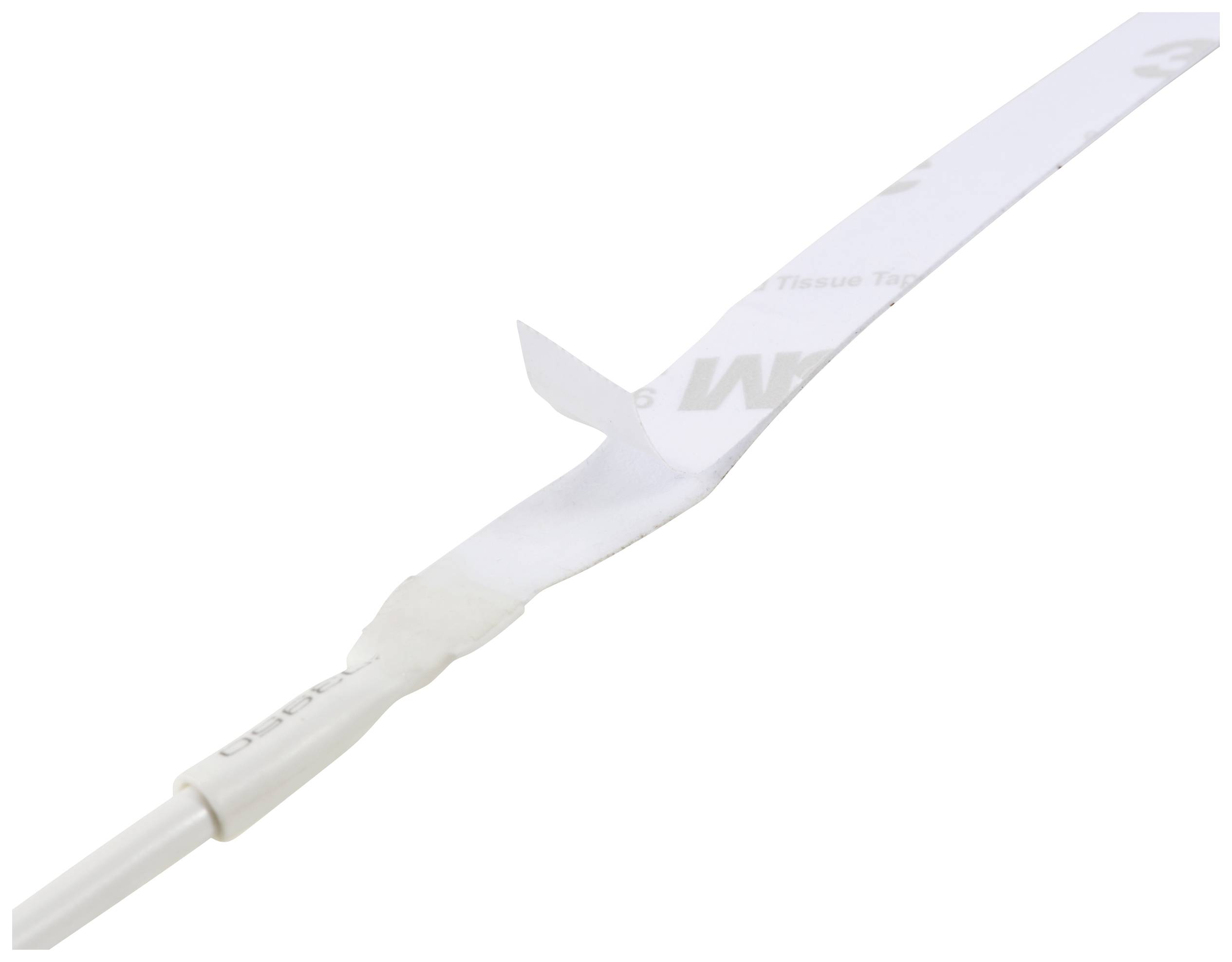 Ein langer, weißer Klebestreifen mit einem teilweise abgezogenen Schutzpapier zeigt eine Anwendung für Abdichtung oder Befestigung.