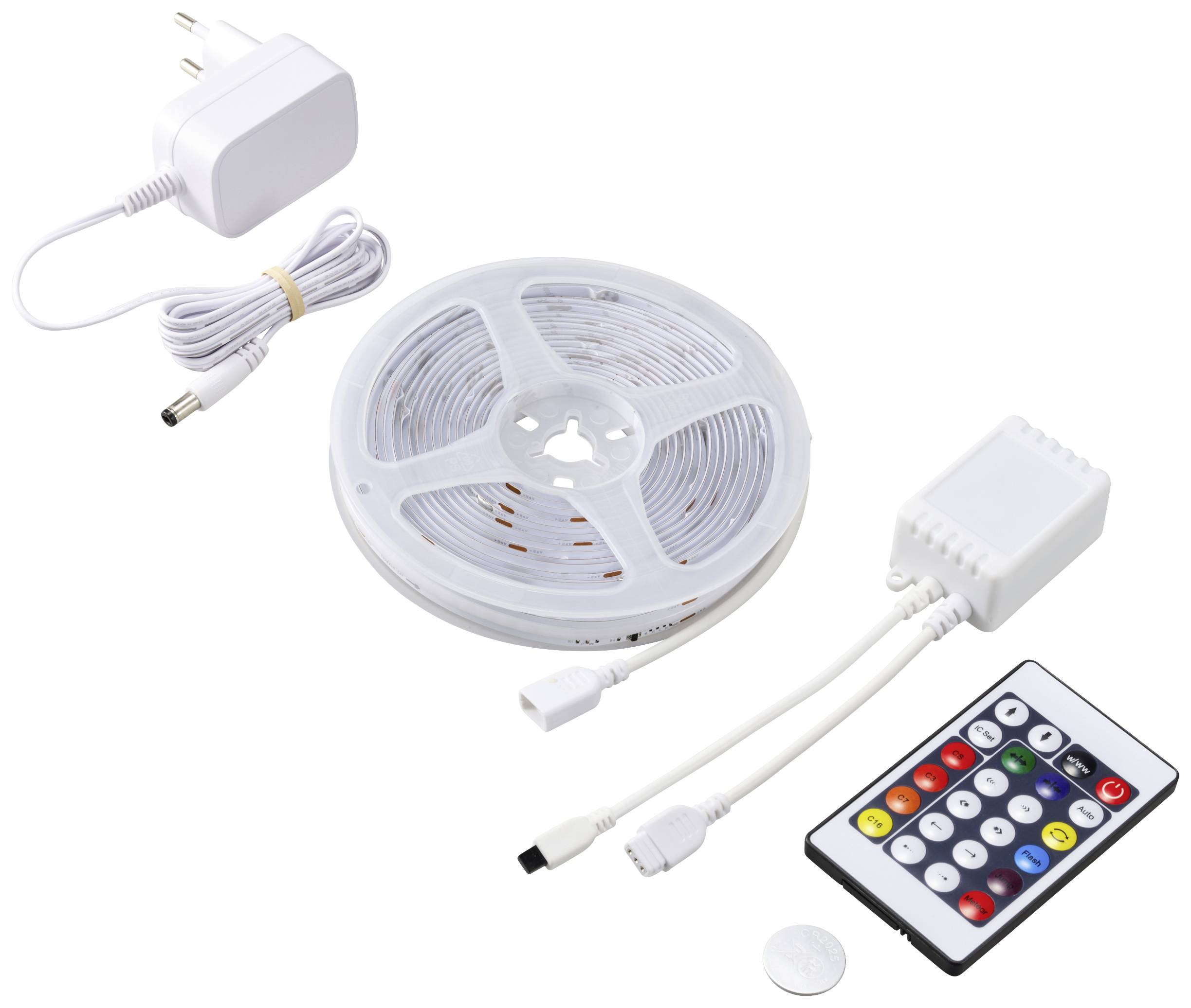 LED-Lichtstreifen-Set mit Fernbedienung, Netzteil und Controller. Ideal für stimmungsvolle Beleuchtung und Dekoration.