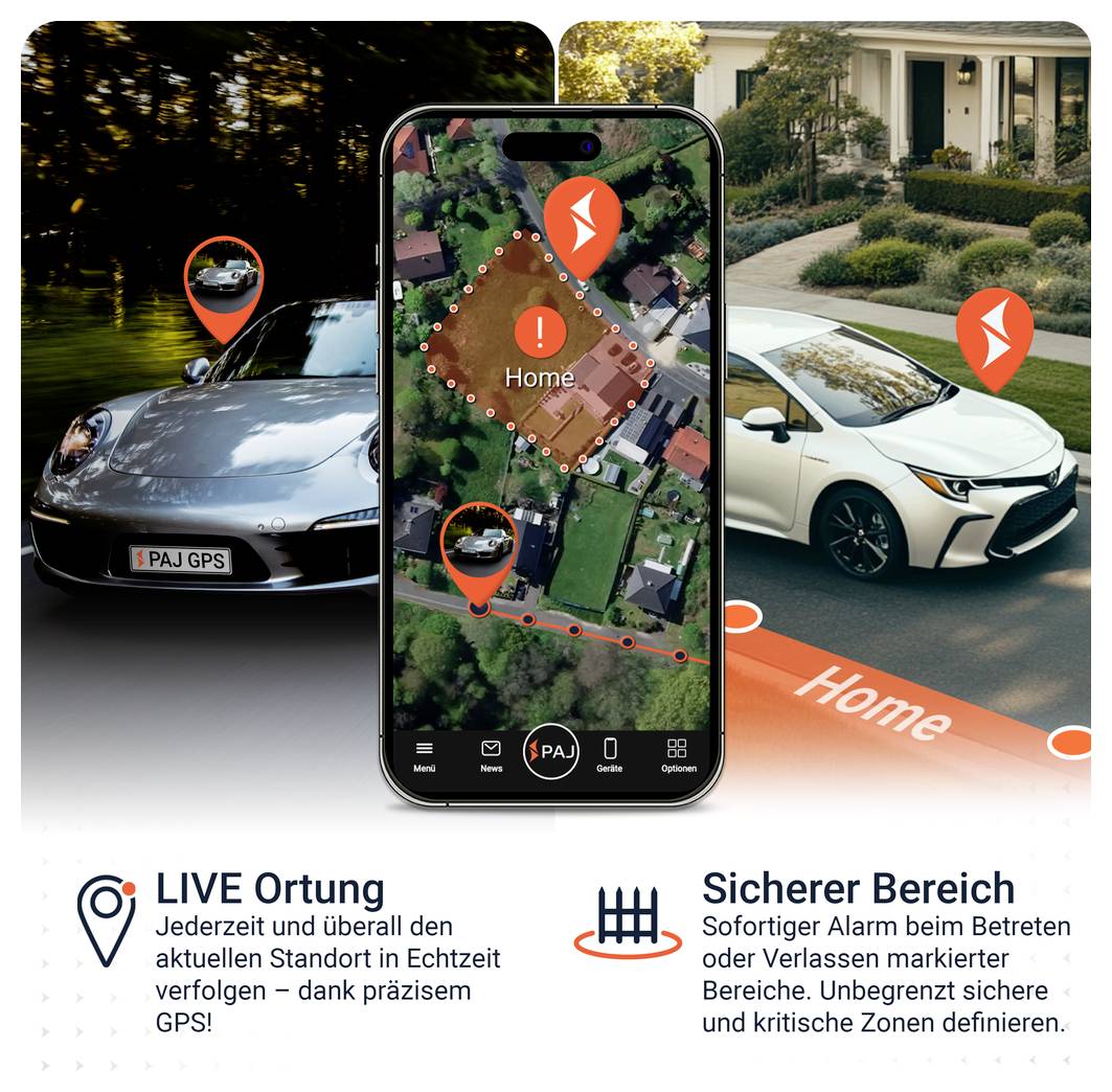 Werbegrafik für GPS-Ortung und Sicherheitszonen: Auto-Tracking auf Smartphone-Karte, markierter 'Home'-Bereich und Alarm bei Verlassen oder Betreten.